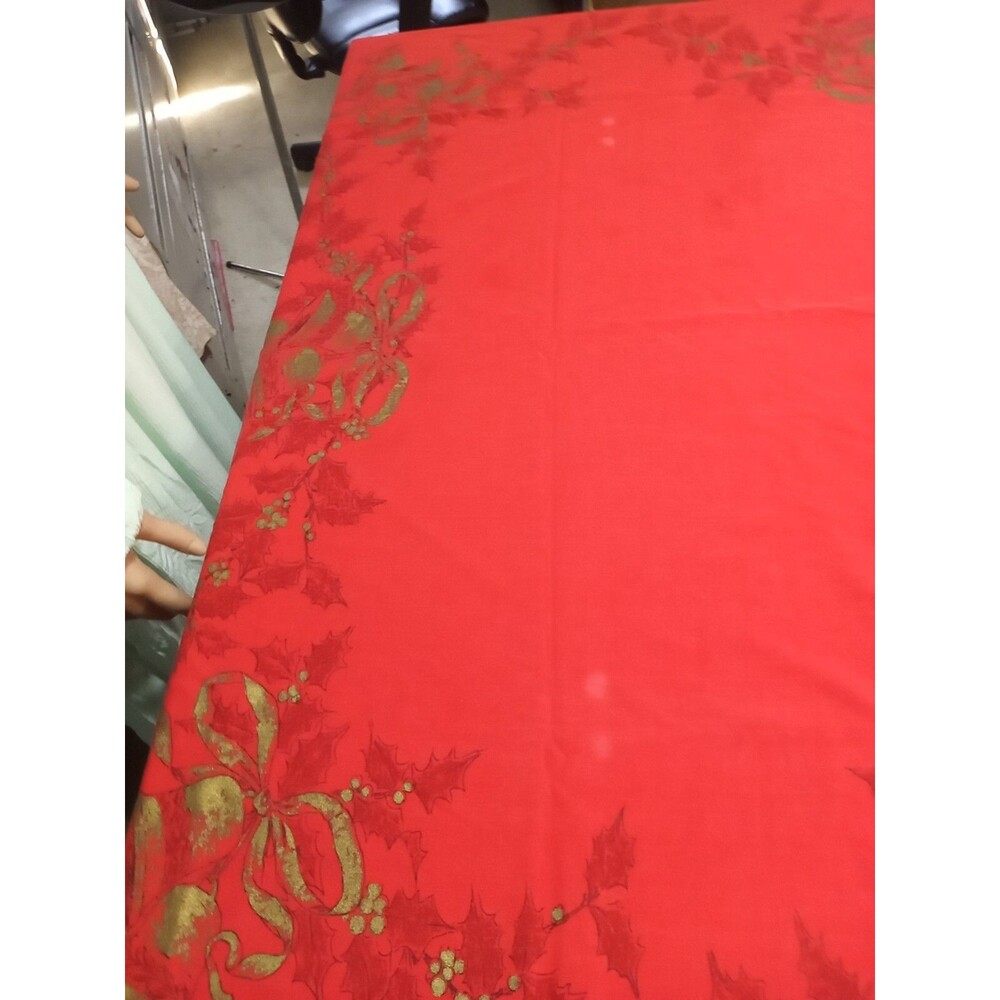 Vintage Red Tablecloth Red Gold Holly Bells 53"x59" Holiday Christmas FD7